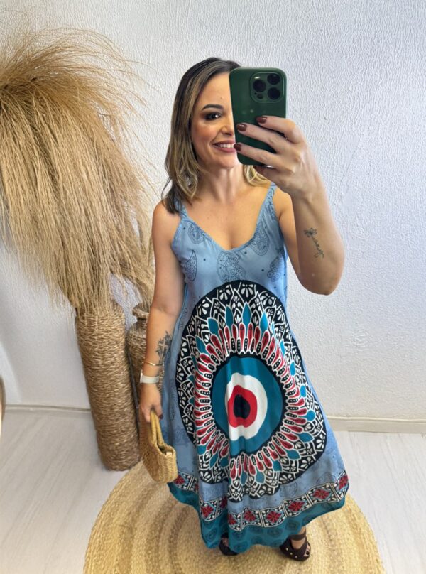 Vestido Trapézio Midi Olho Grego Azul Claro