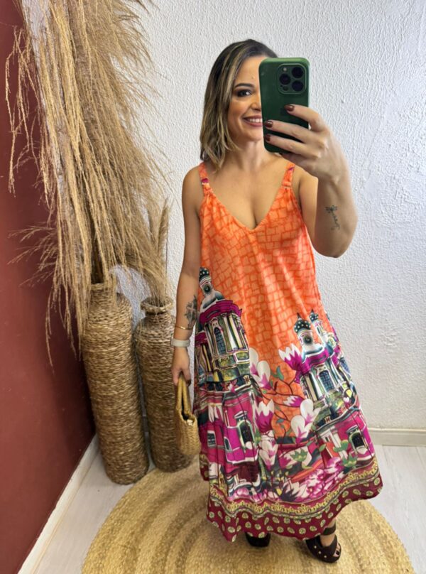 Vestido Trapézio Midi Estampa Cidade
